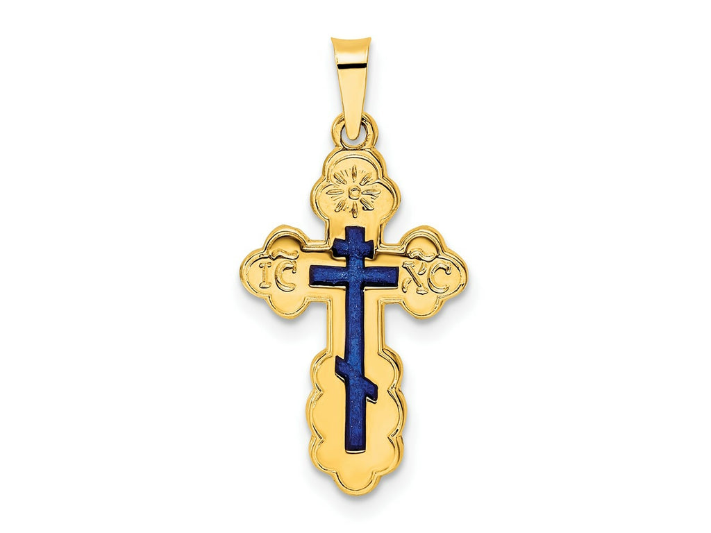 FJC Finejewelers 14 kt Yellow Gold Polished Eastern Orthodox Blue Enamel Solid Cross Charm 26 x 13 mm
