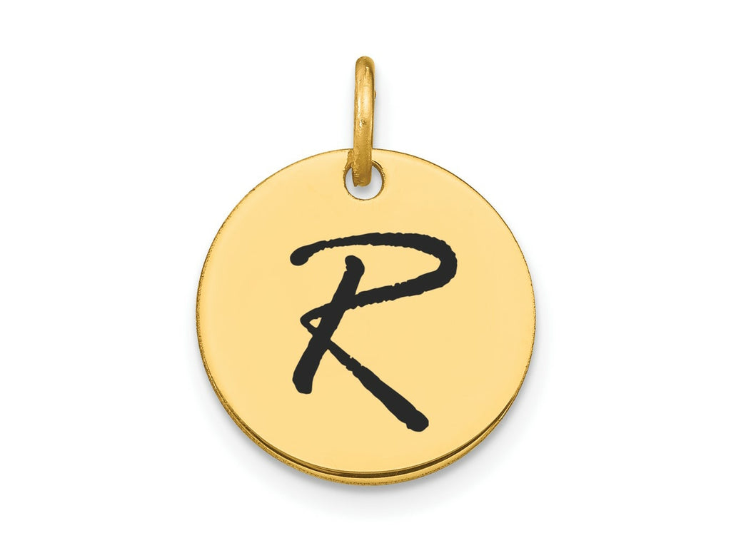 FJC Finejewelers 14 kt Yellow Gold Polished Black Enamel Letter R Initial Disk Charm 15 x 15 mm