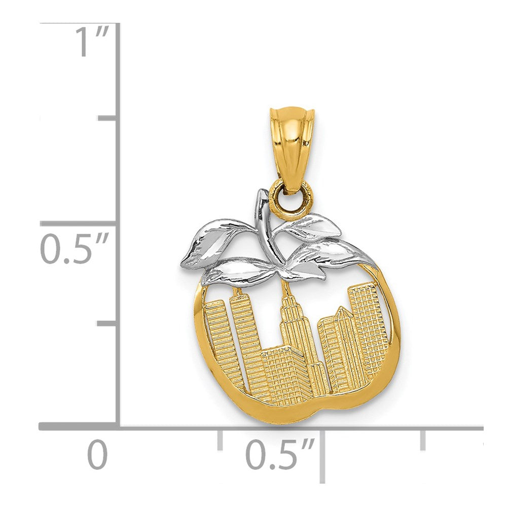 FJC Finejewelers 14 kt Yellow Gold with White Rhodium Cut-out New York Skyline in Apple Charm 19 x 13 mm
