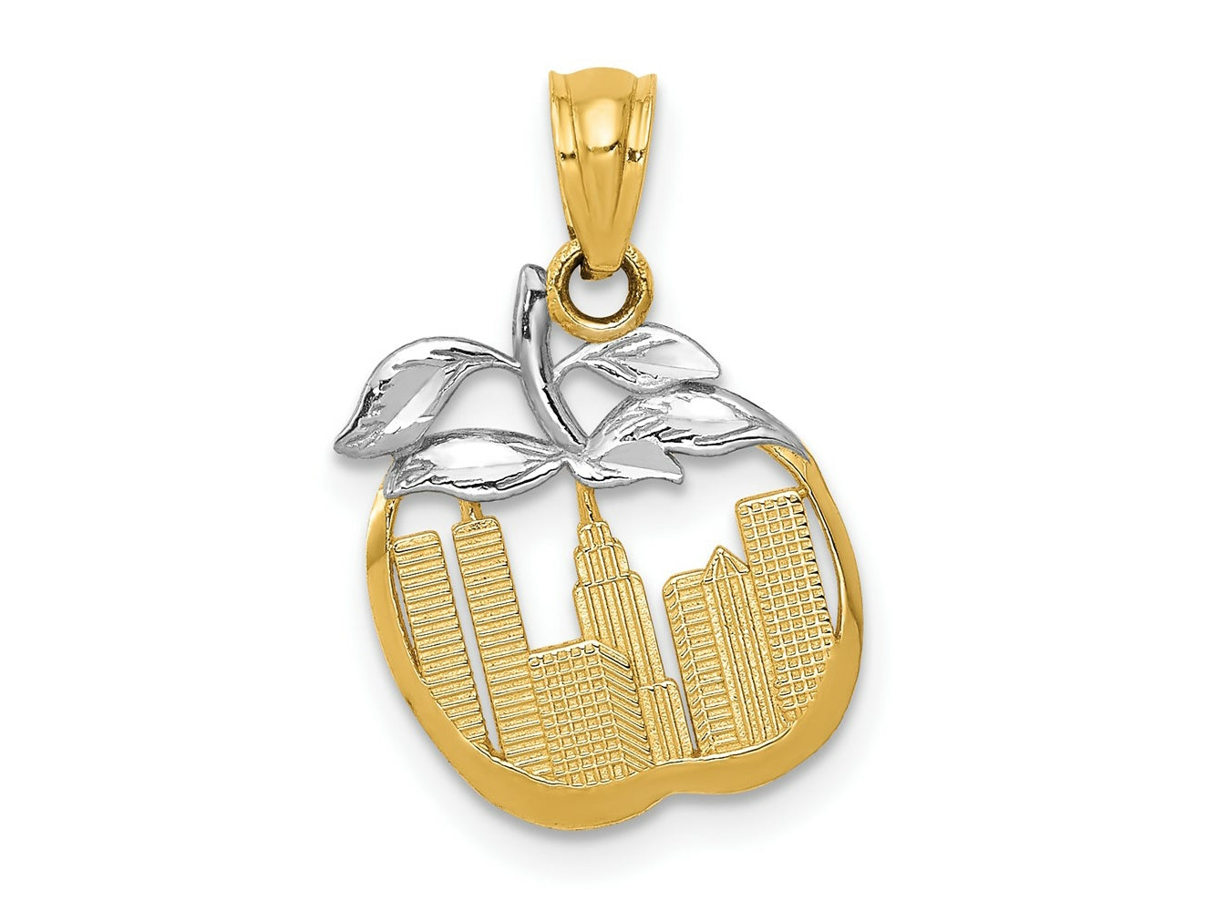 FJC Finejewelers 14 kt Yellow Gold with White Rhodium Cut-out New York Skyline in Apple Charm 19 x 13 mm