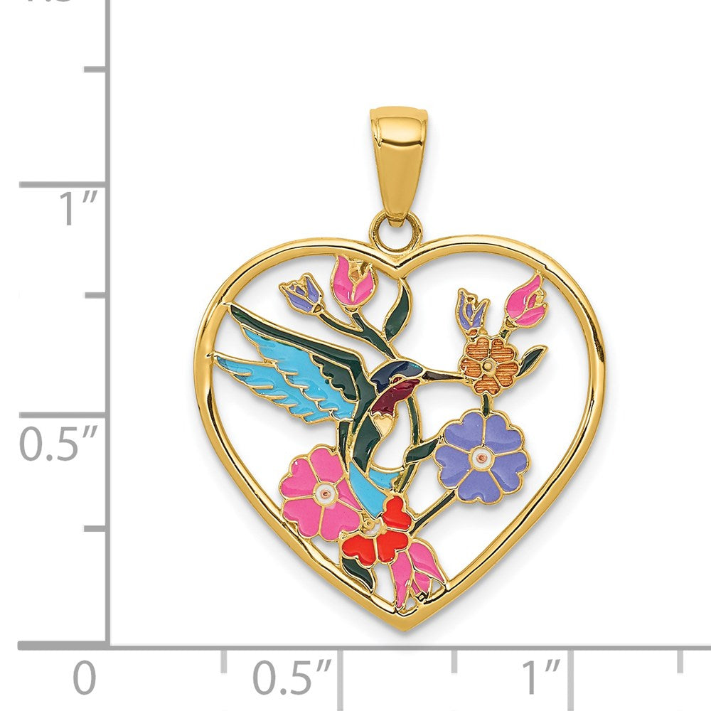 FJC Finejewelers 14 kt Yellow Gold Enameled Hummingbird with Flowers Heart Charm 28 x 22 mm