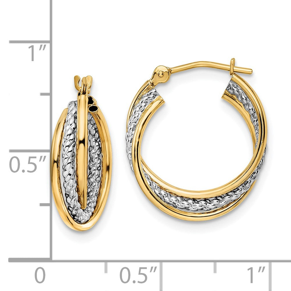 FJC Finejewelers 14 kt Yellow Gold with White Rhodium Polished Textured Hoops 18 x 16 mm