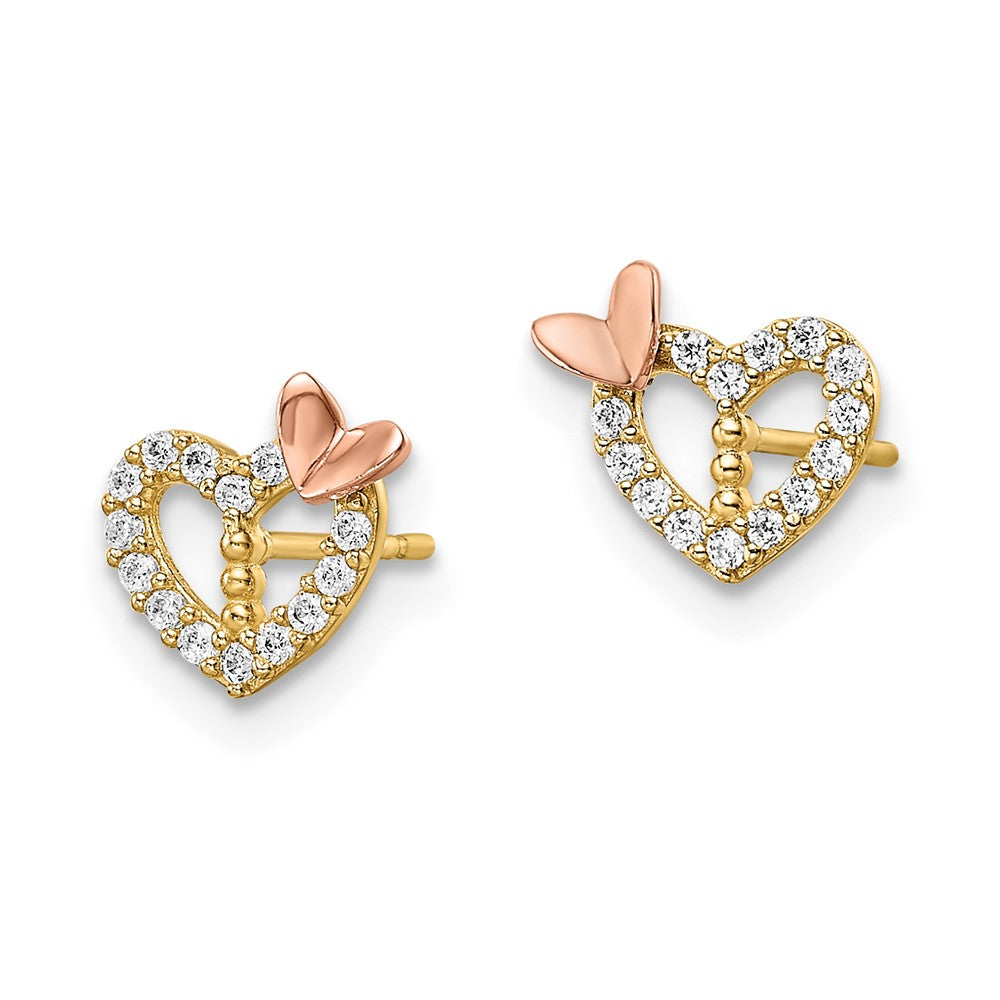 FJC Finejewelers 14 kt Two Tone Gold Button CZ Heart with Butterfly Post Earrings 7 x 8 mm