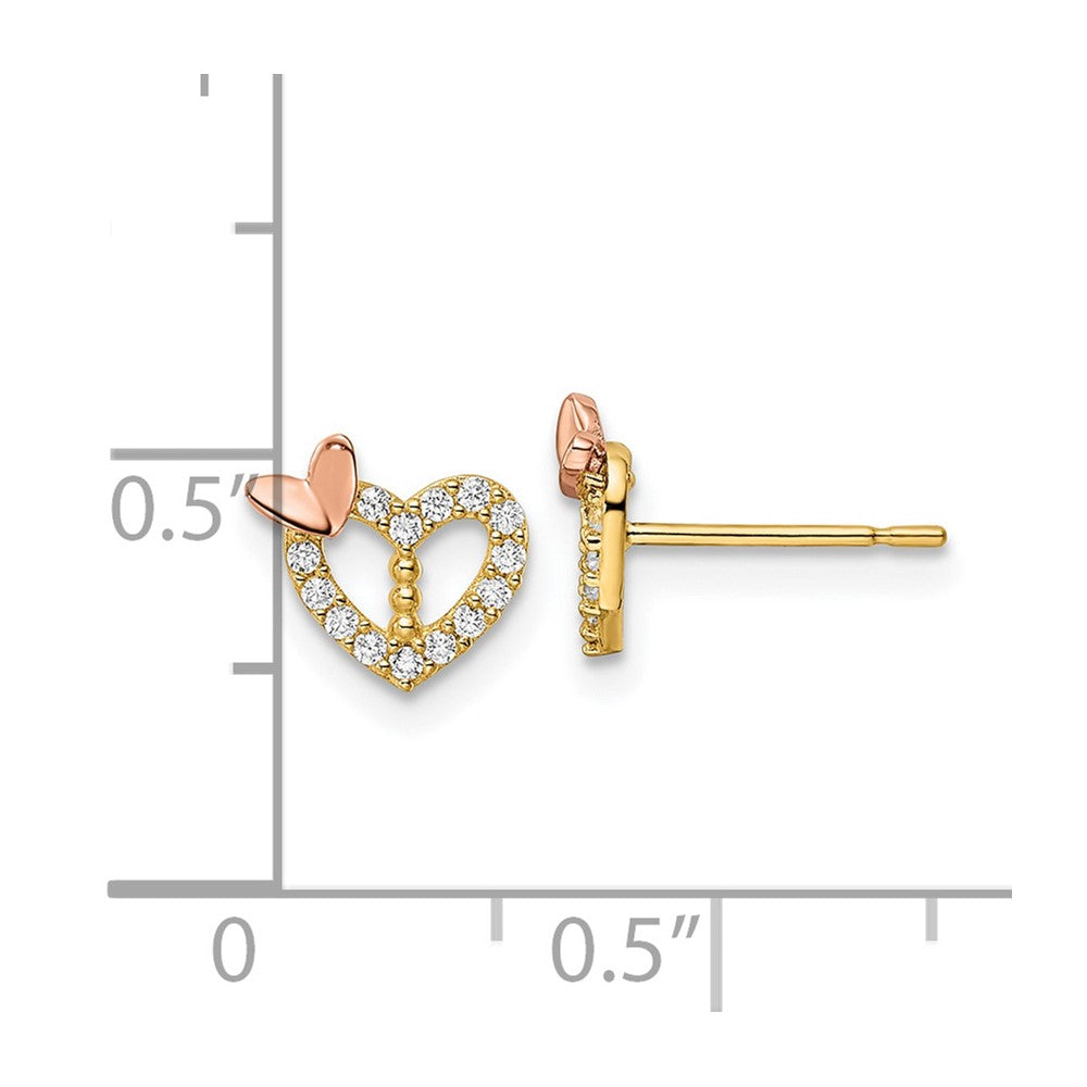 FJC Finejewelers 14 kt Two Tone Gold Button CZ Heart with Butterfly Post Earrings 7 x 8 mm