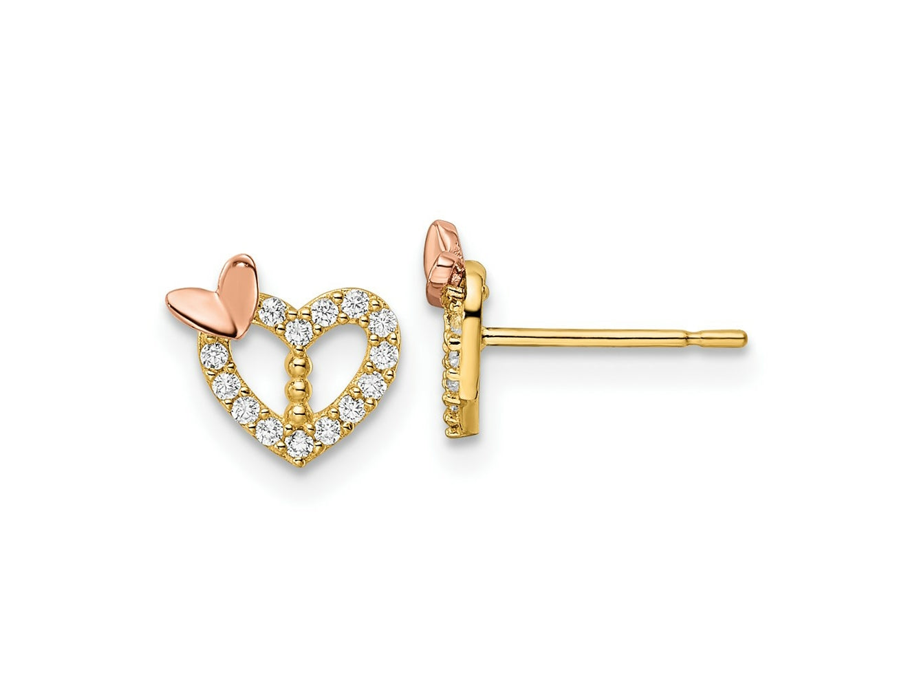 FJC Finejewelers 14 kt Two Tone Gold Button CZ Heart with Butterfly Post Earrings 7 x 8 mm