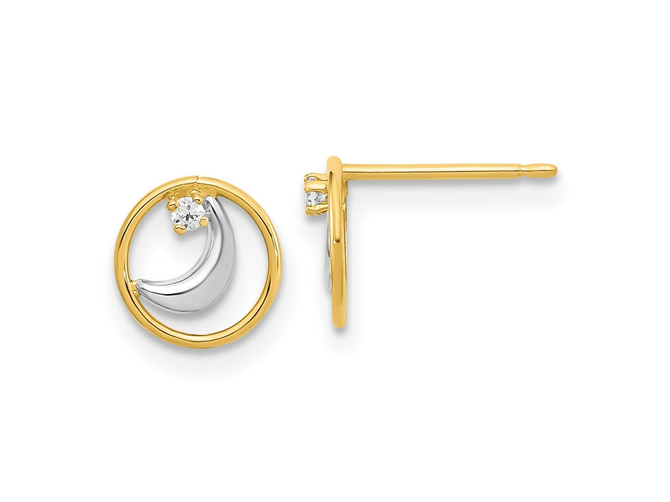 FJC Finejewelers 14 kt Yellow Gold Button White Rhodium Open Circle CZ Half Moon Post Earrings 7 mm x 7 mm