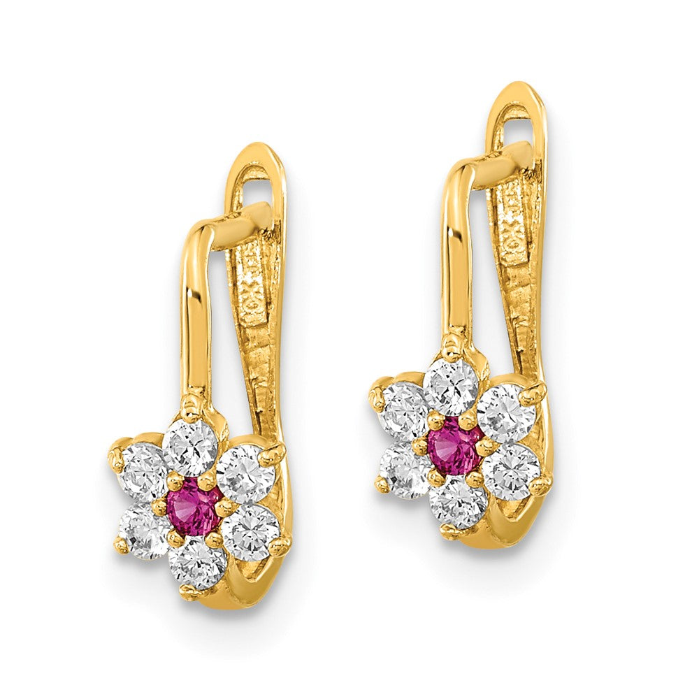 FJC Finejewelers 14 kt Yellow Gold Dangle Polished Red and White CZ Flower Hoop Earrings 11 x 8 mm