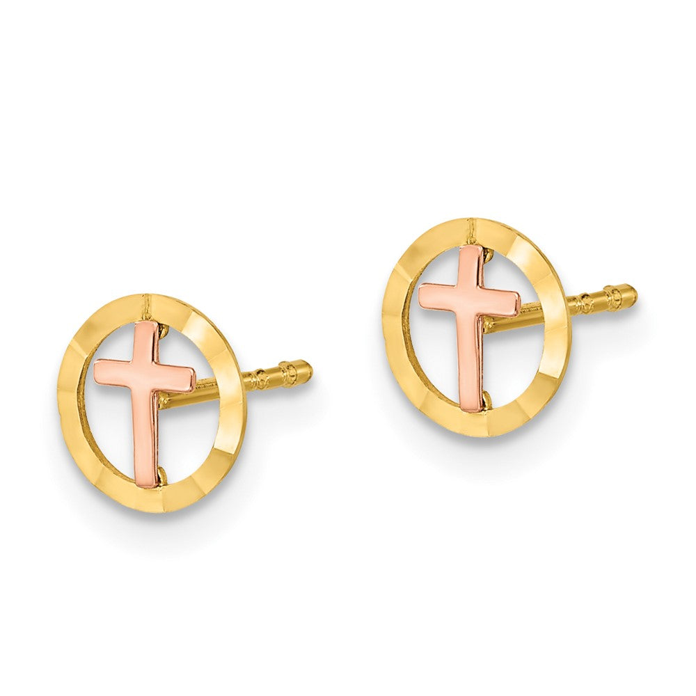 FJC Finejewelers 14 kt Two Tone Gold Button Circle with Cross Post Earrings 7 x 7 mm