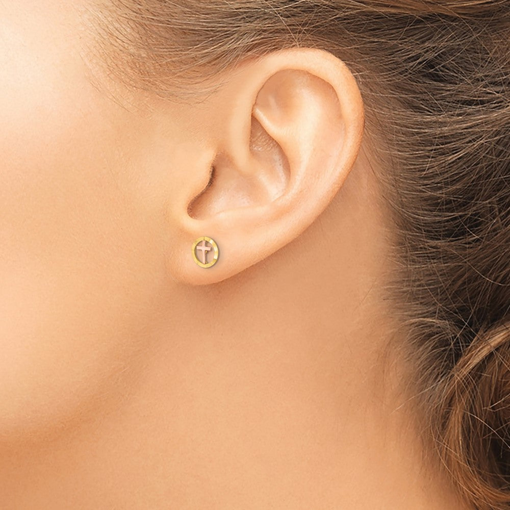 FJC Finejewelers 14 kt Two Tone Gold Button Circle with Cross Post Earrings 7 x 7 mm