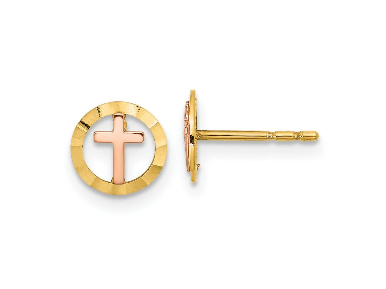 FJC Finejewelers 14 kt Two Tone Gold Button Circle with Cross Post Earrings 7 x 7 mm