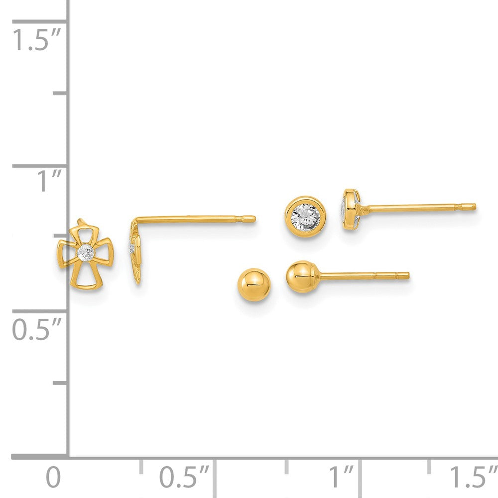 FJC Finejewelers 14 kt Yellow Gold Button Set of Ball Post Cross and CZ Bezel 3 Pair Earrings Set 5 x 5 mm