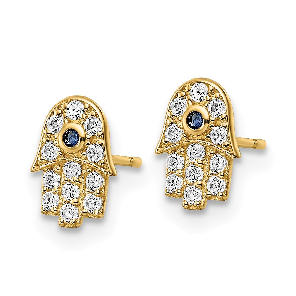 FJC Finejewelers 14 kt Yellow Gold Button CZ and Blue Glass Stone Hamsa Post Earrings 8 mm x 5 mm