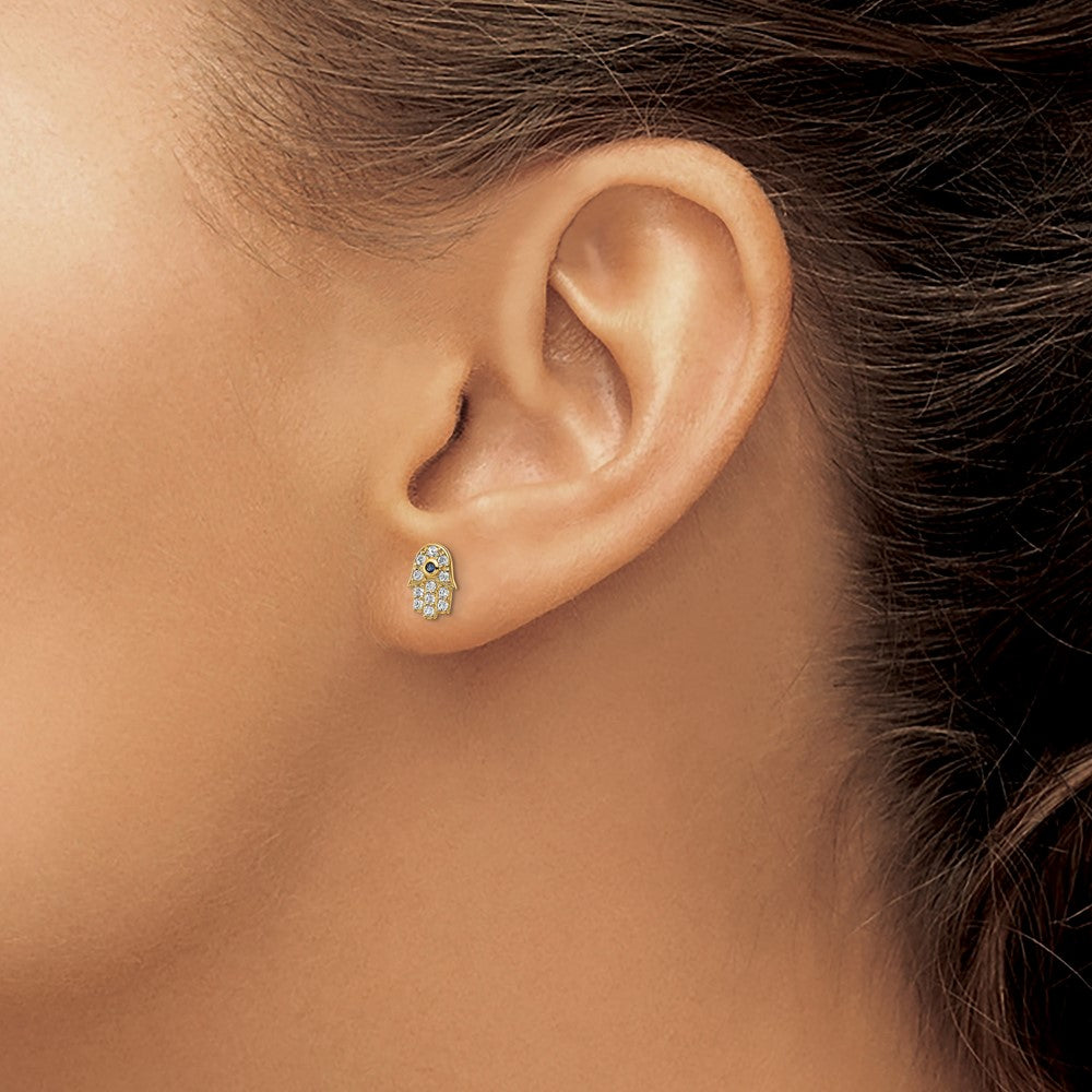 FJC Finejewelers 14 kt Yellow Gold Button CZ and Blue Glass Stone Hamsa Post Earrings 8 mm x 5 mm