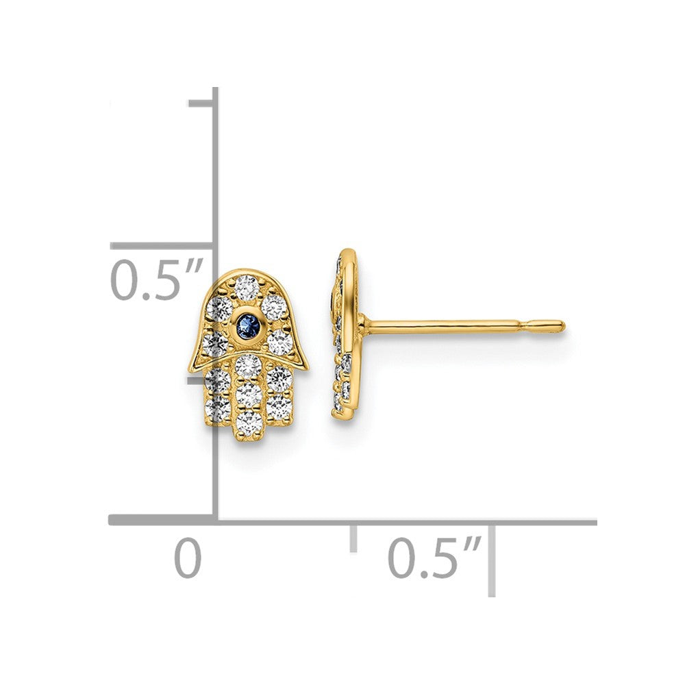 FJC Finejewelers 14 kt Yellow Gold Button CZ and Blue Glass Stone Hamsa Post Earrings 8 mm x 5 mm