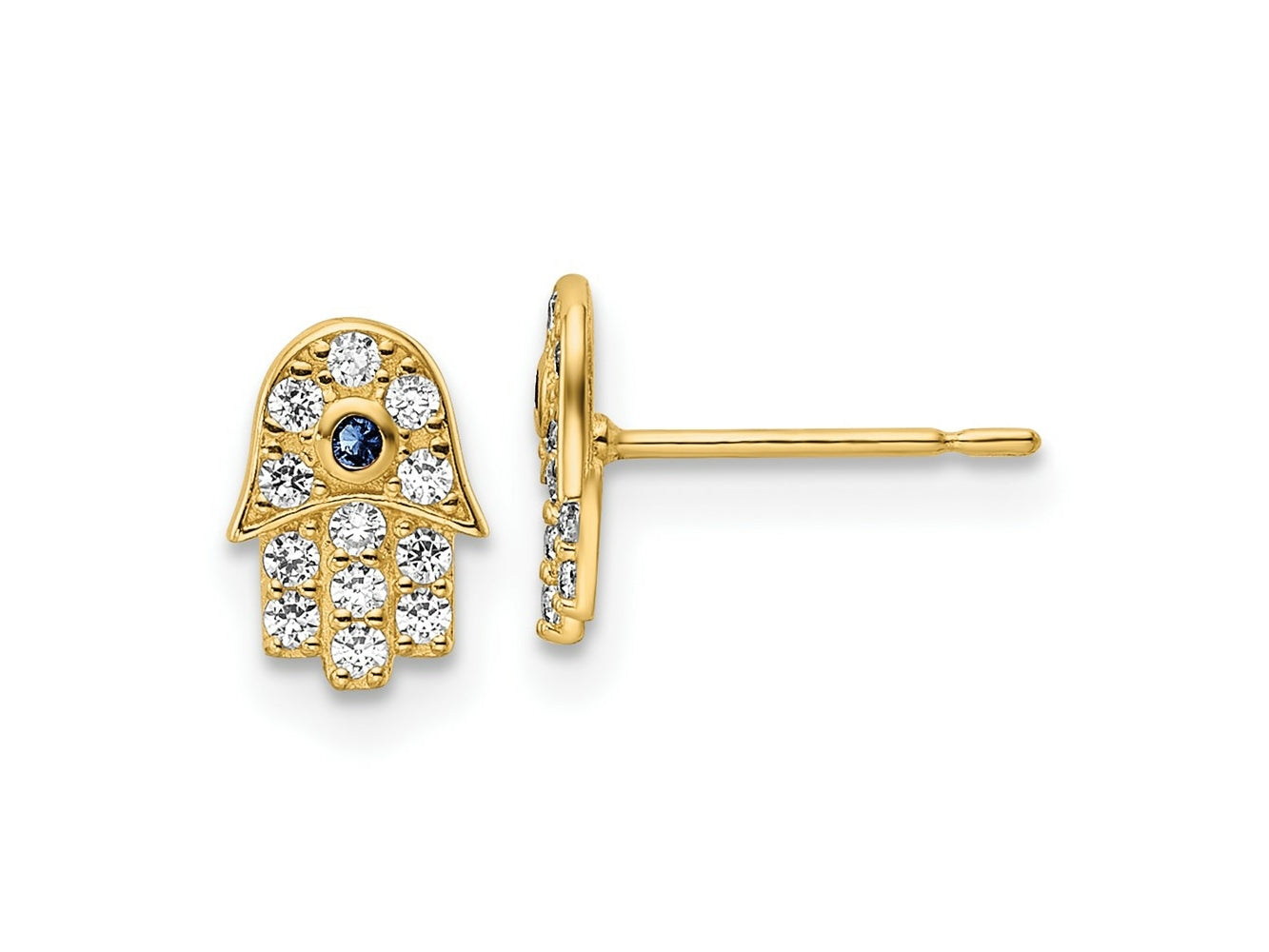 FJC Finejewelers 14 kt Yellow Gold Button CZ and Blue Glass Stone Hamsa Post Earrings 8 mm x 5 mm