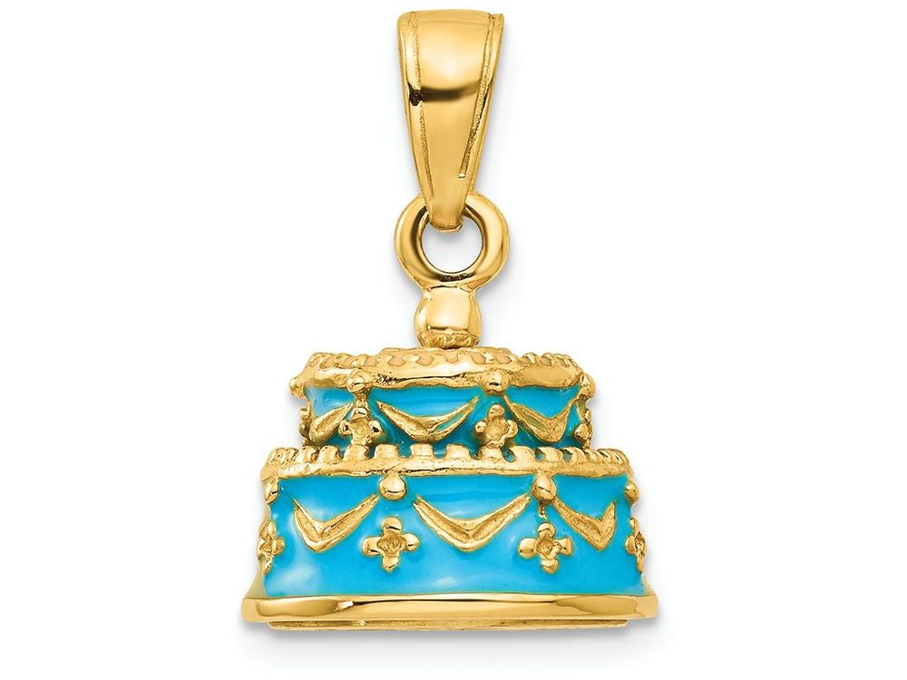 FJC Finejewelers 14k Yellow Gold 3d Aqua Blue Color Enameled Happy Birthday Cake Charm
