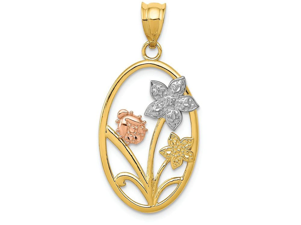 FJC Finejewelers 14k Two-tone Gold with Rhodium Bright Cut Oval Floral Charm