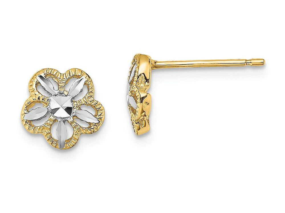 FJC Finejewelers 14k Yellow Gold with Rhodium Bright Cut Flower Post Earrings