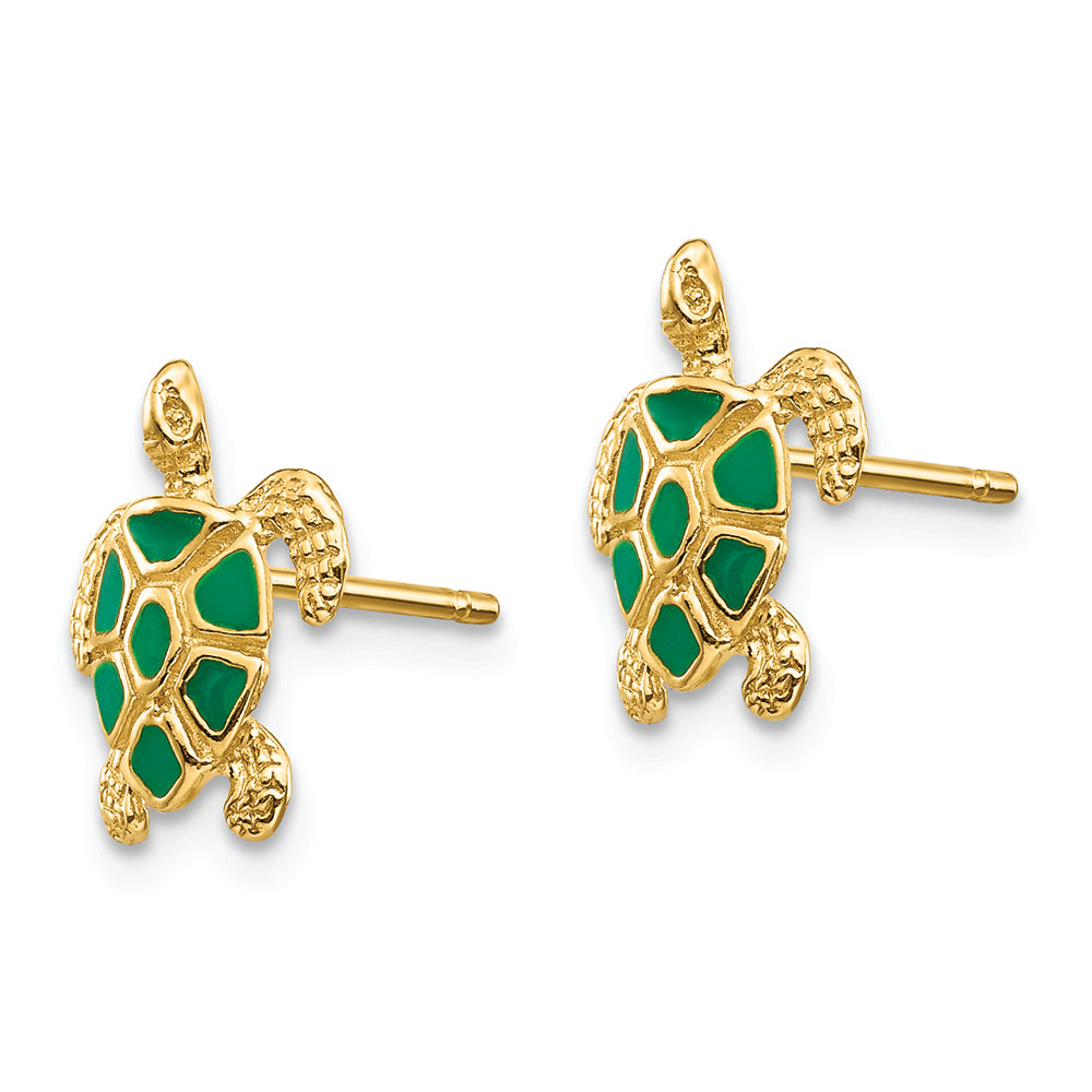 FJC Finejewelers 14k Yellow Gold Green Enameled Sea Turtle Post Earrings