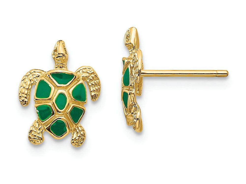 FJC Finejewelers 14k Yellow Gold Green Enameled Sea Turtle Post Earrings