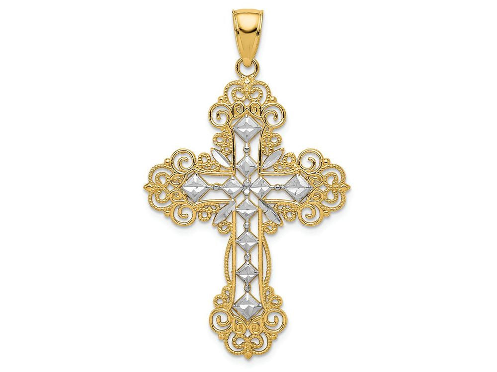 FJC Finejewelers 14k Yellow Gold with Rhodium Polished Textured Pattern Cross Charm