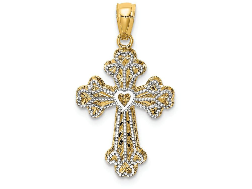FJC Finejewelers 14k Ywith Gold Polished Filigree 2 Level Heart Cross Charm