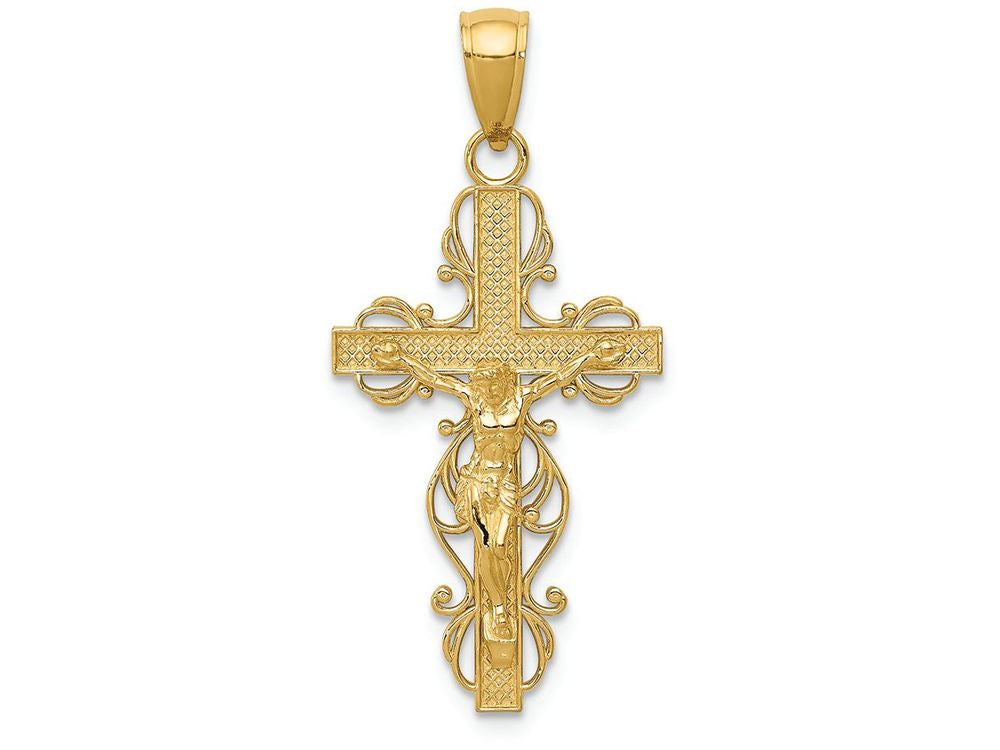FJC Finejewelers 14k Yellow Gold Polished Crucifix with Lace Trim Charm