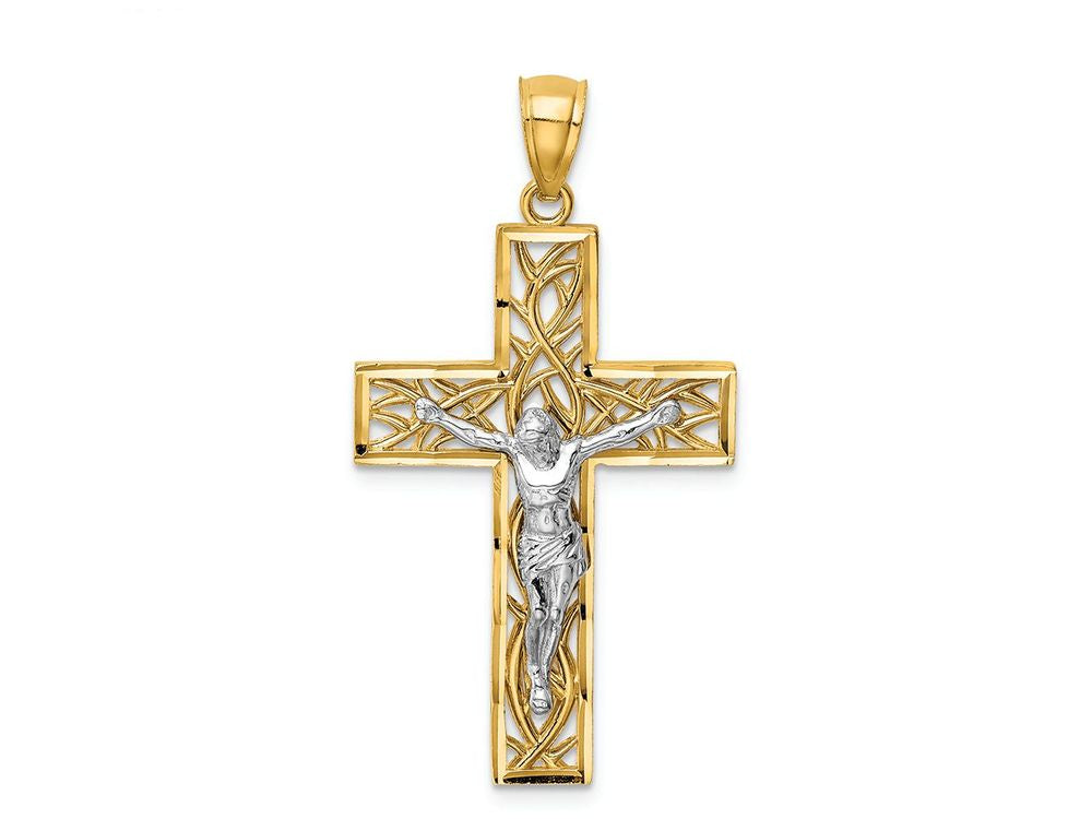 FJC Finejewelers 14k Two-tone Gold Satin Polished Bright Cut Crucifix with Vines Charm