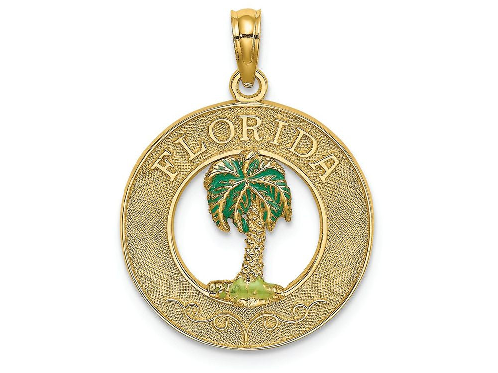 FJC Finejewelers 14k Yellow Gold Florida On Round Frame with Green Palm Tree Center Charm
