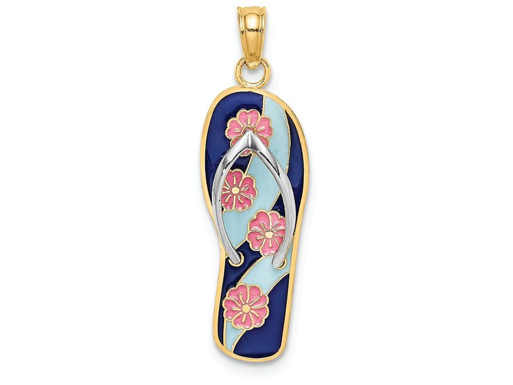 FJC Finejewelers 14k Yellow Gold Pink Flowers On Blue Stripes Flip-flopwhite Straps Charm