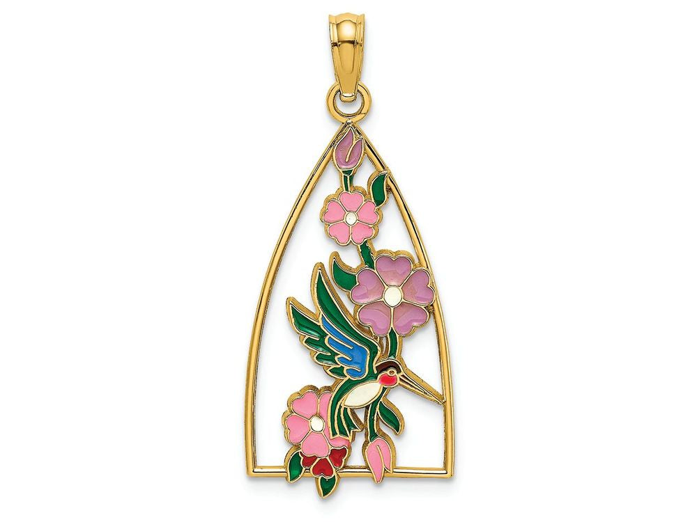 FJC Finejewelers 14k Yellow Gold Hummingbird Flowers In Triangle with Enamel Charm