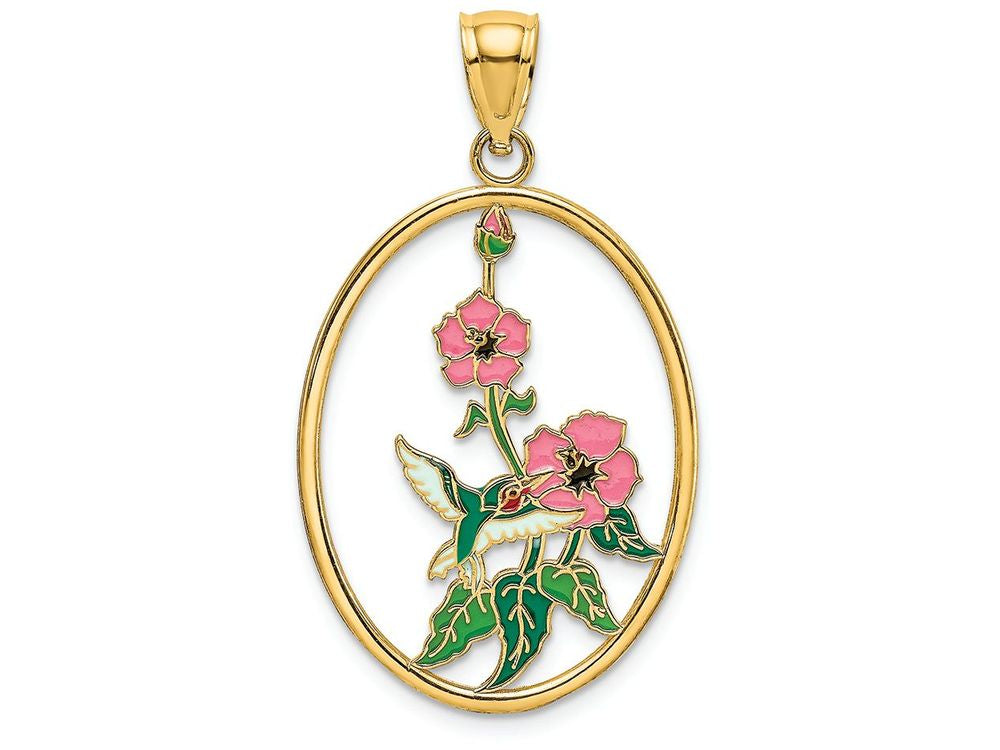 FJC Finejewelers 14k Yellow Gold Hummingbird Flowers In Oval with Enamel Charm
