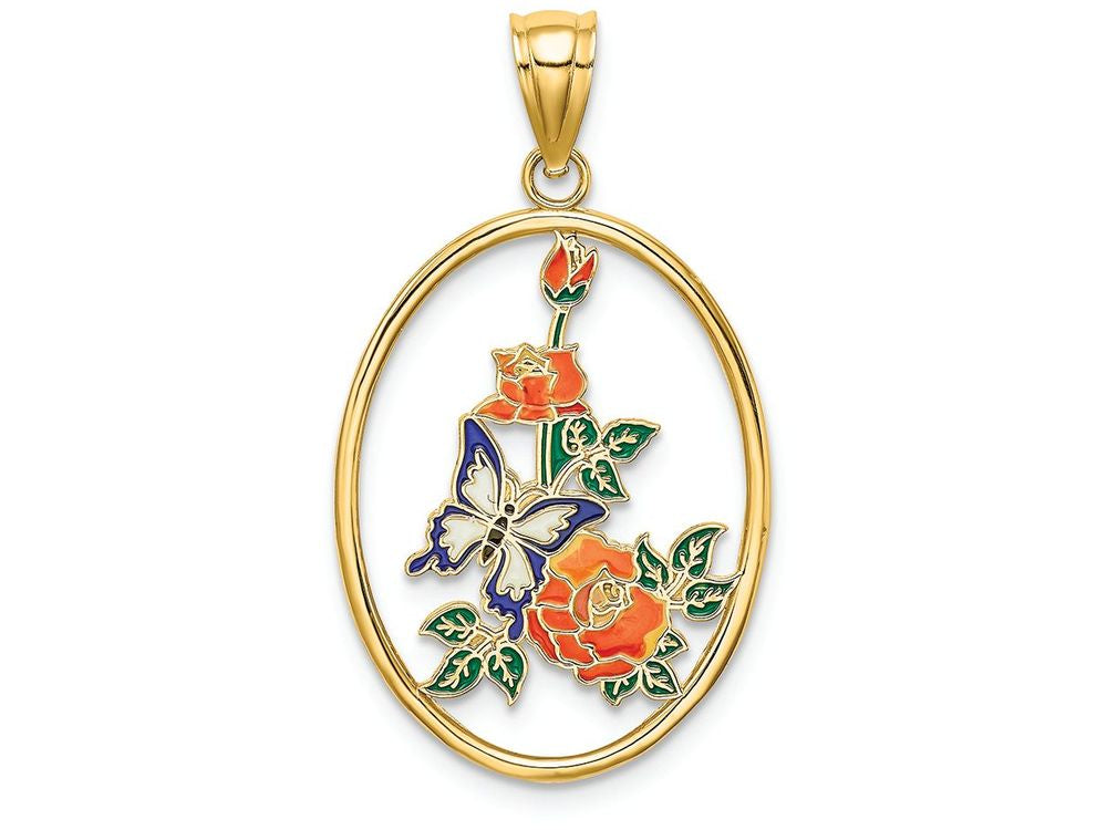 FJC Finejewelers 14k Yellow Gold White Butterfly In Oval with Enamel Orange Flowers Charm