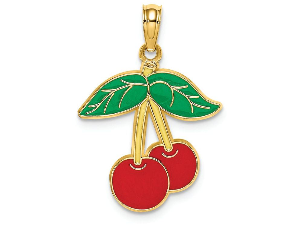 FJC Finejewelers 14k Yellow Gold Cherries with Enamel Stem Leafflat Charm