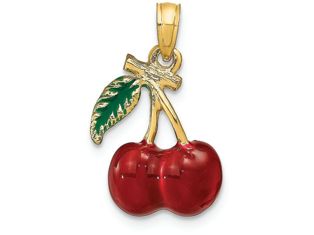 FJC Finejewelers 14k Yellow Gold 3d Enamel Cherries with Stem Leaf Charm