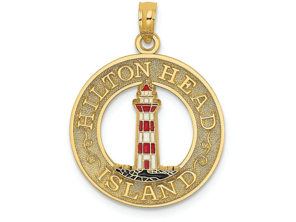FJC Finejewelers 14k Yellow Gold Hilton Head On Round Frame with Enamel Lighthouse Center Charm