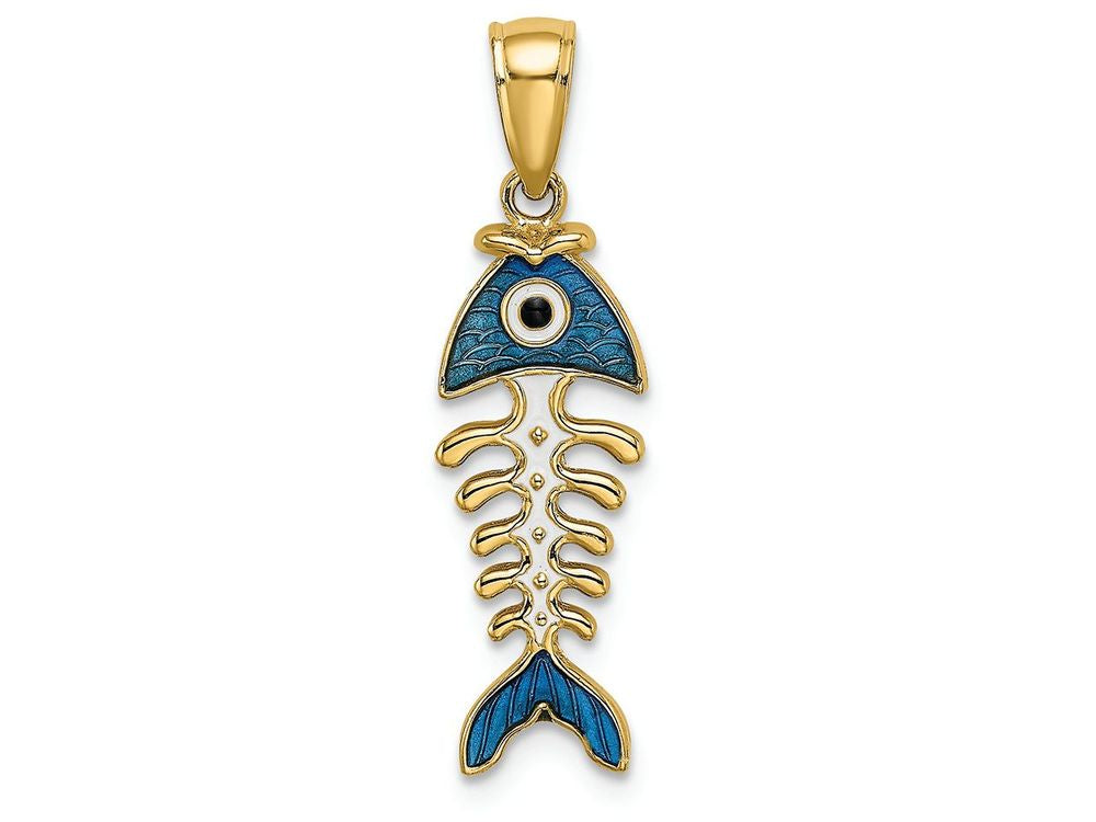 FJC Finejewelers 14k Yellow Gold 3d Fishbone with Blue Enamel Charm