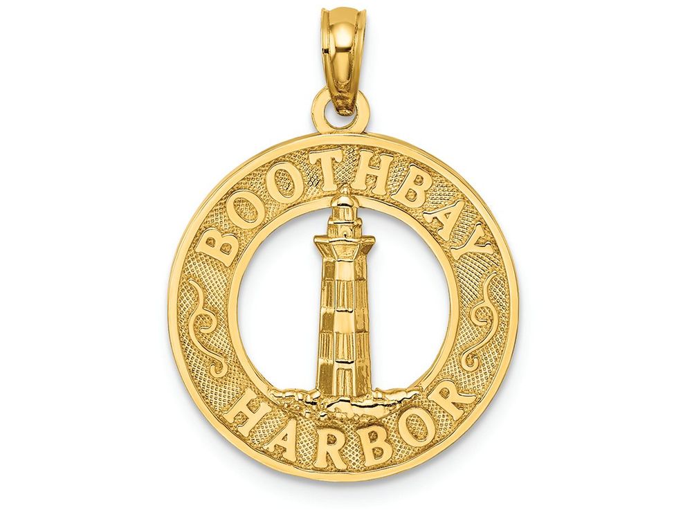 FJC Finejewelers 14k Yellow Gold Boothbay Harbor On Round Frame with Lighthouse Center Charm