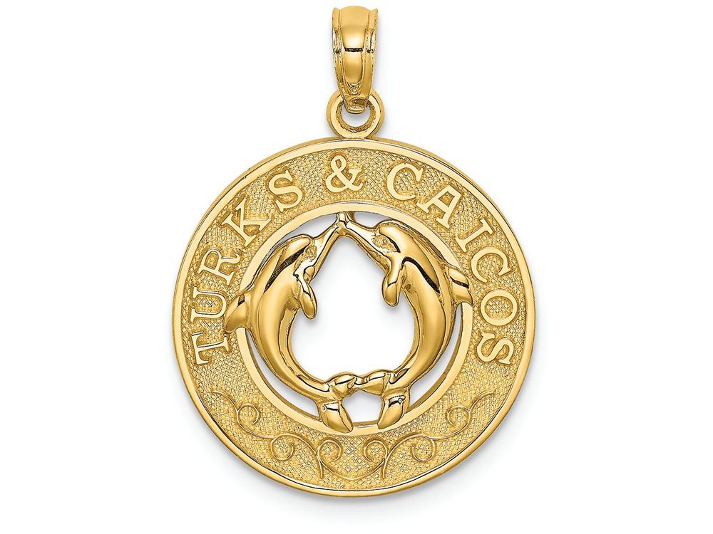 FJC Finejewelers 14k Yellow Gold Turks Caicos On Round Frame with Dolphins In Center Charm