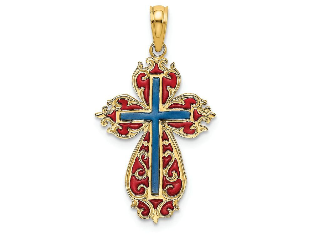 FJC Finejewelers 14k Yellow Gold Blue Cross with Red Scroll Framestained Glass Charm