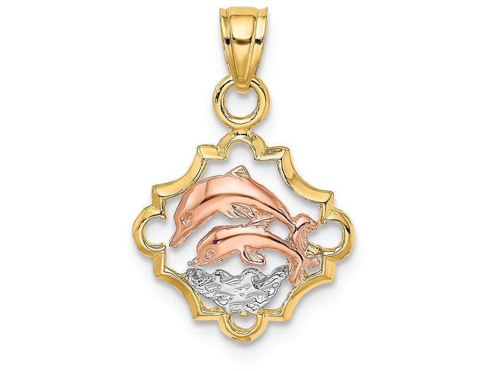 FJC Finejewelers 14k Two-tone Gold Double Dolphins In Frametri-color Charm