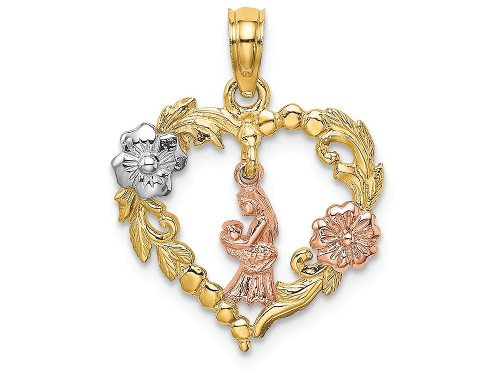 FJC Finejewelers 14k Two-tone Gold Motherly Love In Heart with Flowers Tri-color Charm