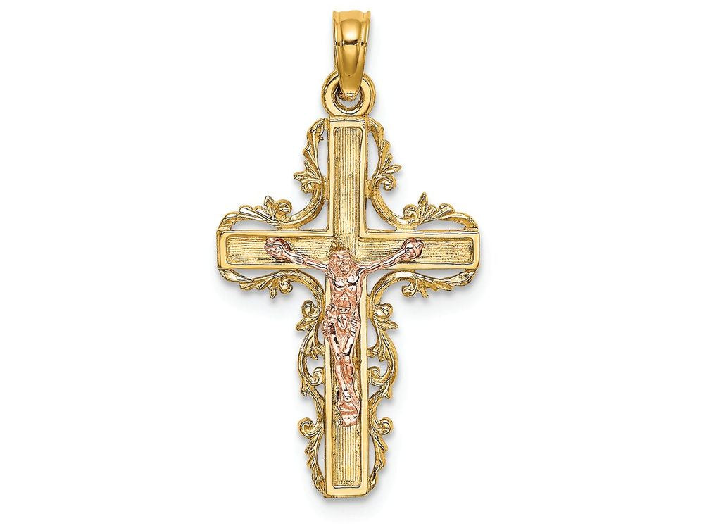 FJC Finejewelers 14k Two-tone Gold Lace Trim Crucifix with Pink Jesus Charm