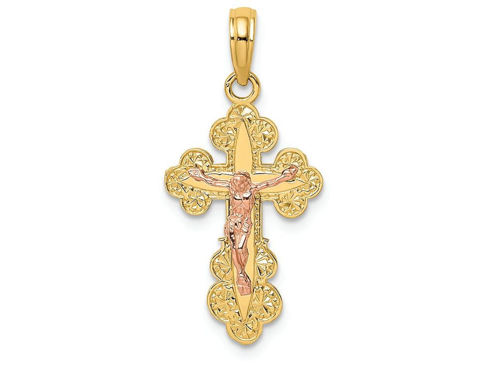 FJC Finejewelers 14k Two-tone Gold Crucifix with Scallop Trim Pink Jesus Charm