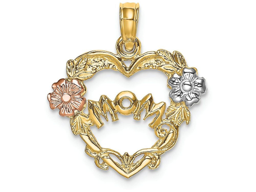 FJC Finejewelers 14 Kt Tri Color Gold Mom Banner In Heart W Wht Ylw Flowerstri-color Charm