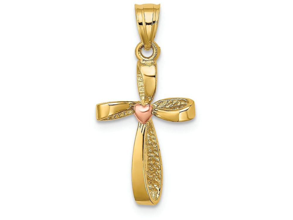 FJC Finejewelers  14kt Two Tone Gold Twisted Cross with Pink Heart Center Charm
