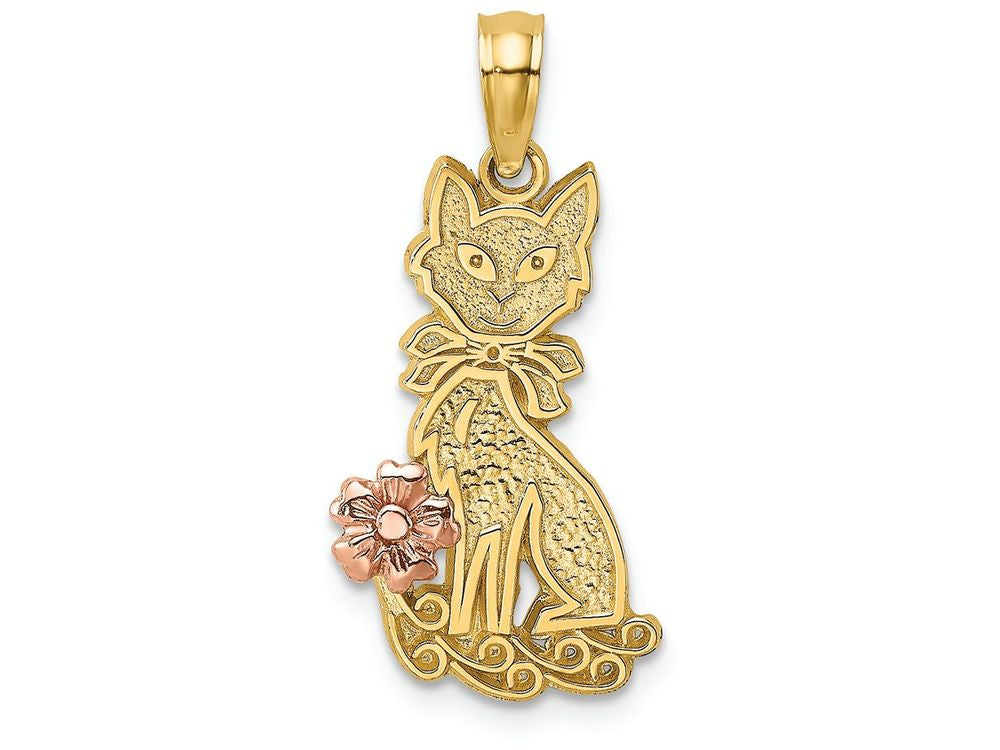 FJC Finejewelers 14k Two-tone Gold Cat Sitting with Bow Pink Flower Charm