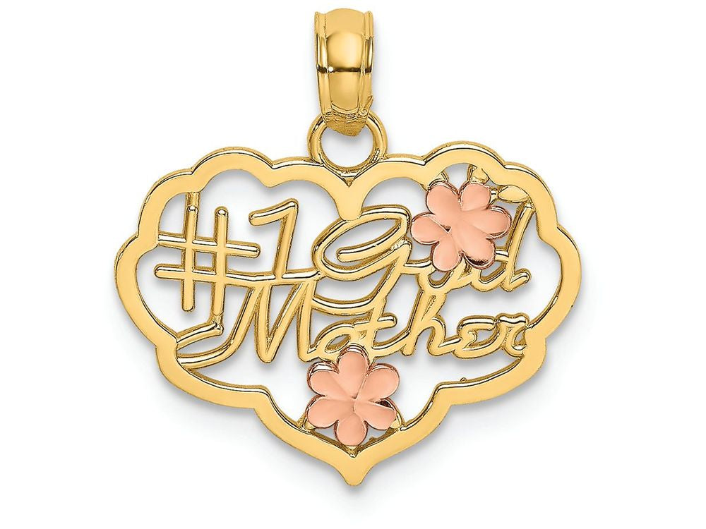 FJC Finejewelers 14k Two-tone Gold #1 God Mother In Heart with Pink Bright Cut Flowerscut-out Charm