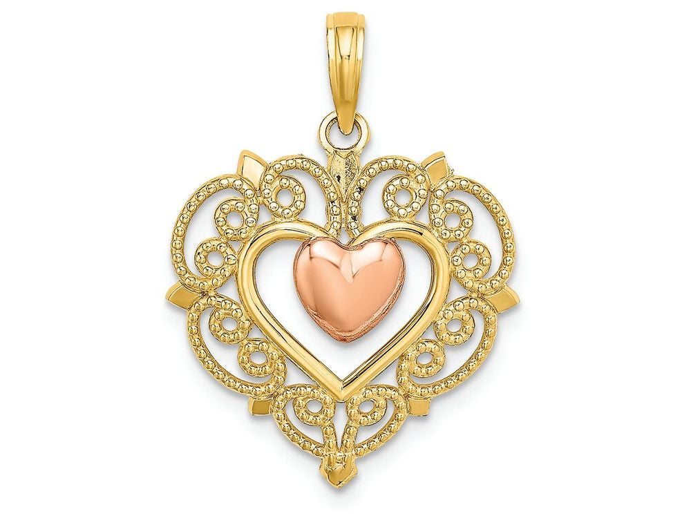 FJC Finejewelers 14k Two-tone Gold Heart with Lace Trim Pink Heart Center Charm