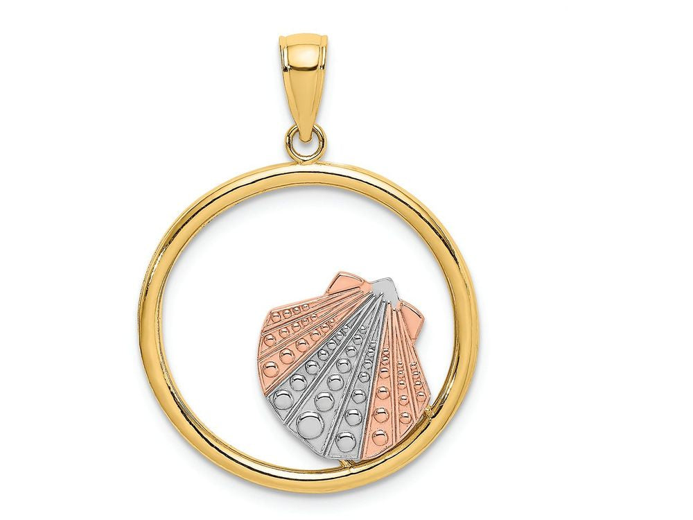 FJC Finejewelers 14k Two-tone Gold Beaded Scallop Shell In Round Frametri-color Charm